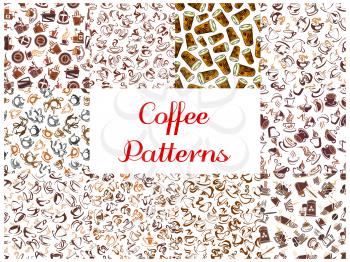 Coffee seamless pattern backgrounds. Wallpapers with vector icons of coffee cup, coffee maker, coffee machine, vintage coffee mill, retro coffee grinder, coffee beans