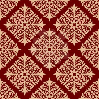Red floral seamless pattern background of beige damask ornament with leaf scroll, flower bud and curlicue. Wallpaper or fabric print design
