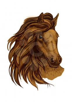 Arabian horse portrait. Brown mustang head with wavy mane strands flying against wind and shining proud eyes