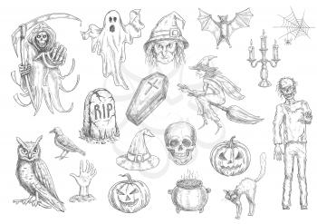 Halloween holiday creepy and horror sketch symbols of pumpkin lantern, skull, coffin, witch on broom, cauldron, cat, owl, bat, tomb, ghost. Vector retro elements for greeting cards, decoration design