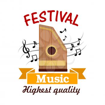 Music cartoon sign of isolated folk stringed musical instrument zither with note and treble clef on stave, adorned by ribbon banner. Ethnic music festival, musical instrument theme design