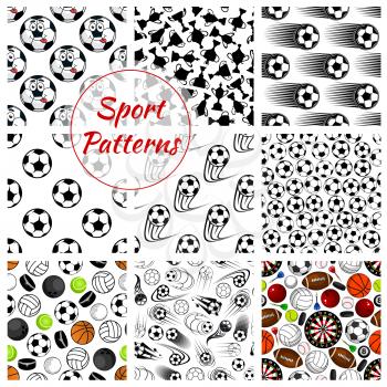 Sporting ball, items and trophy seamless pattern background with set of ball for soccer, football, volleyball, basketball, rugby and baseball games, hockey puck, champion cup and darts