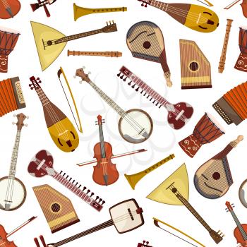 Ethnic musical instrument seamless pattern background with lute, drum, violin, lyre, mandolin, banjo, sitar, wooden flute, psaltery, balalaika, accordion and rebec. Folk music themes design