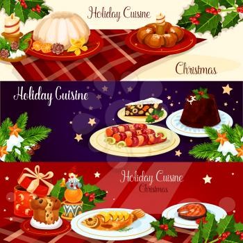 Christmas holiday cuisine banner set. British xmas pudding, smoked salmon, stuffed fish, sausage in bacon, raisins bread, italian nut dessert, sweet bun wreath with candle, holly berry, gift and star