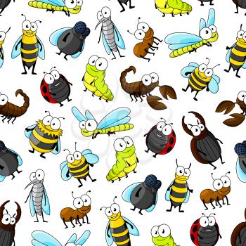 Cartoon insects and bugs seamless pattern on white background with bee, ladybug, fly, dragonfly, caterpillar, beetle, mosquito, wasp, bumblebee, ant and scorpion characters