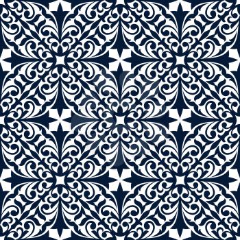 Floral arabesque seamless pattern of blue and white damask ornament with flourishes, curly leaves and tendrils. Tile or carpet tracery design