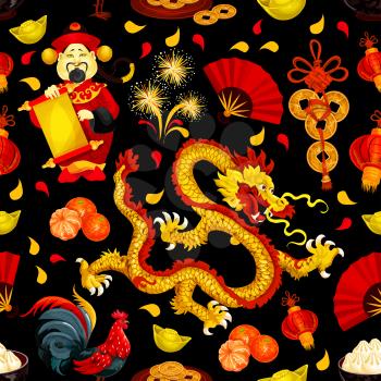 Chinese New Year and Spring Festival holidays seamless pattern with red rooster, golden dragon, lantern, fortune coin, god of wealth, mandarin fruit, gold ingot, fan and firework on black background
