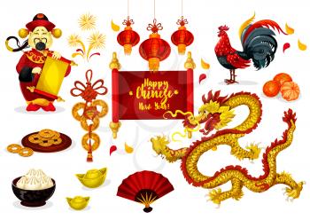 Chinese New Year greeting poster. Traditional red lantern, coins, zodiac rooster, god of prosperity, mandarin fruit, firework, fan, dumpling and golden ingot. Chinese Spring Festival holiday design