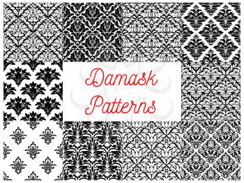 Damask seamless floral pattern background set with black and white victorian flourish ornaments of flowers and leaves. Wallpaper, interior accessory, textile design
