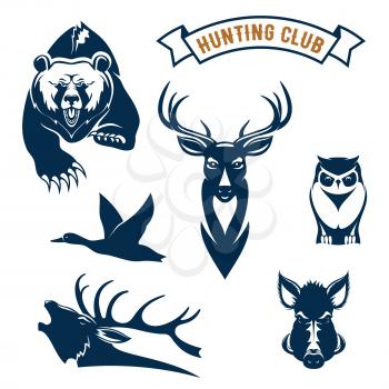 Hunting club icons of hunt wild animals grizzly bear, deer or reindeer, flying duck and elk antler, owl, boar or aper. Vector symbols and ribbon for hunt adventure sport sign, hunter club badges or em
