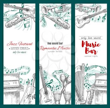 Musical festival, music bar banners set. Vector sketch musical instruments jazz saxophone, acoustic guitar and piano with violin bow, maracas and ethnic drums, harp and trumpet with music notes stave 