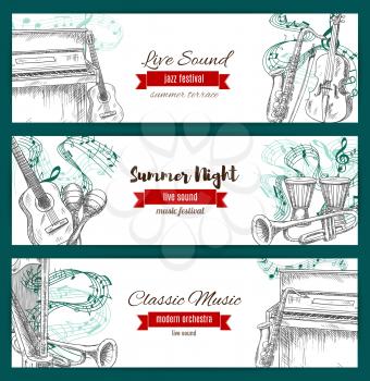 Banners for musical jazz festival. Vector sketch of music instruments set sax or saxophone, acoustic guitar and piano with violin bow, clef note stave, maracas and ethnic drums with cymbals, harp and 