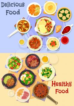 Tasty dishes for dinner icon set of baked and stewed meat dishes with vegetables and sauces, pork noodle, potato salads with fish, egg and veggies, shrimp dumplings and custard cream dessert