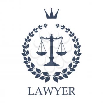 Law firm isolated emblem. Lawyer office sign with scales of justice framed by heraldic laurel wreath with crown on the top. Lawyer services symbol or legal firm badge design