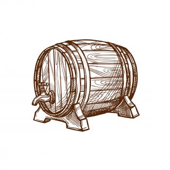 Barrel vector icon or wooden oak cask or keg tun for lager and draught beer, cognac or wine alcohol beverage. Isolated emblem for beer bar and brewpub or pub, brewery company sign and beer festival
