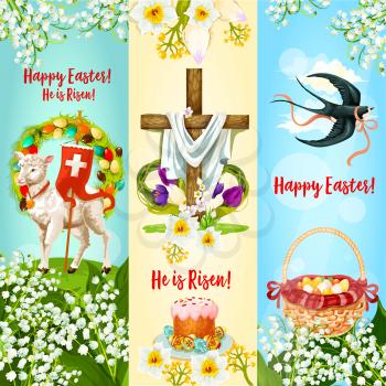 Happy Easter, He is Risen festive banner. Easter egg hunt basket, Easter cake with decorated eggs, cross with spring flowers, lamb of God, floral wreath and flying swallow bird cartoon poster design