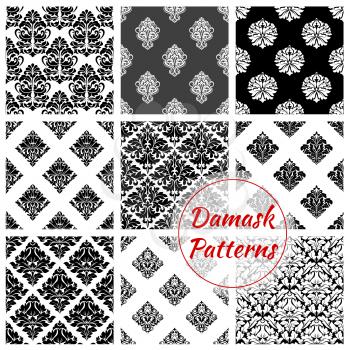 Damask seamless pattern background set with black and white floral ornament. Victorian backdrop with floral arabesque motif. Vintage wallpaper, interior accessory and textile design