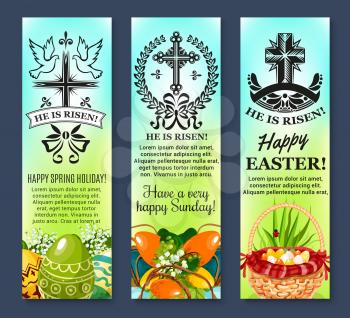 Happy Easter banners of paschal eggs in wicker basket, crucifix cross and he is risen set. Vector symbols of holiday floral wreath bows, lily snowdrops spring flowers and doves or swallows