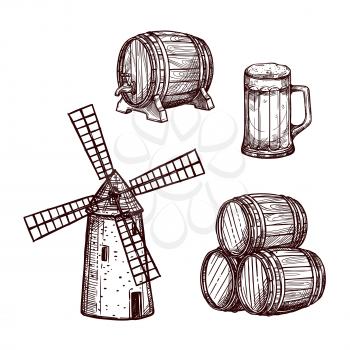 Beer barrel with glass sketch set. Beer mug, stack of wooden kegs and old windmill. Pub or bar symbol, Oktoberfest poster, brewery theme design