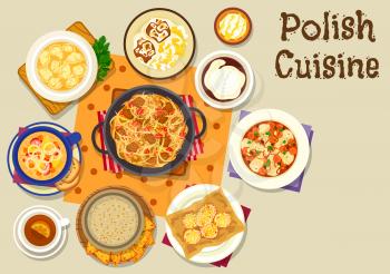 Polish cuisine tasty lunch icon with bean sausage soup, cabbage stew with sausage and ham, beer bread soup, meat dumplings, carp fish vegetable stew, lamb steak, donut, pumpkin starch drink