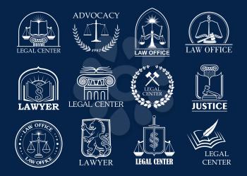 Law firm, legal center and lawyer office badge set. Justice heraldic symbols with scales, sword, law book and judge mallet, framed by laurel wreath and shield. Advocacy, attorney services design