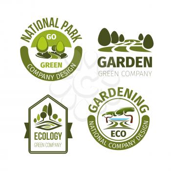 Eco park or green garden vector icons set. Landscape design and urban gardening award symbols of trees woodland for eco building company or city horticulture planting service