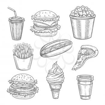 Fast food sketch. Isolated vector cheeseburger or hamburger sandwich, coffee and soda drink in cup, popcorn bucket, hot dog sandwich, pizza slice and french fries with ice cream wafer cone