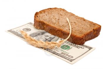 Royalty Free Photo of a Piece of Bread and Dollar Bill