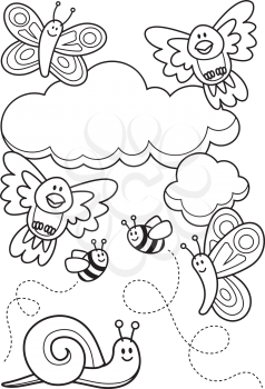 Royalty Free Clipart Image of Animal Cartoons and Clouds
