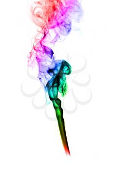 Puff of colored abstract smoke curves over white background