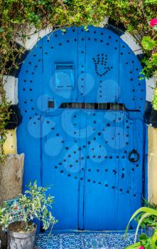 Old Blue door with arch from Sidi Bou Said and flowers