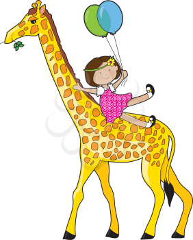 Royalty Free Clipart Image of a Girl With Two Balloons Sliding Down a Giraffe's Neck