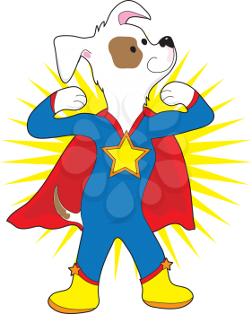A spotted dog dressed as a super hero showing off his muscles