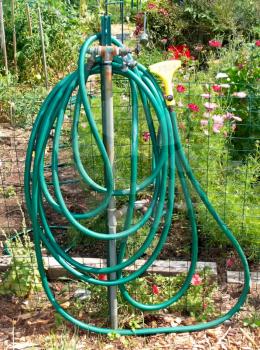 Green gardening hose coiled on the post.