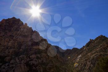 View of dry landscape and red rock formations of the Mojave Desert..