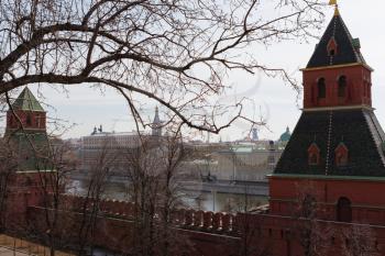 MOSCOW, RUSSIA - APRIL 8, 2015: Views of the territory of the Moscow Kremlin on April 8, 2015. The Kremlin is a fortified complex at the heart of Moscow, overlooking the Moskva River to the south, Sai