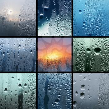 Collage from photos of water drop on glass