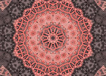 Black background with white graphics and bright pink concentric pattern 