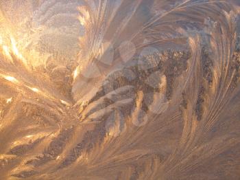 Frosty natural pattern and sunlight on winter window