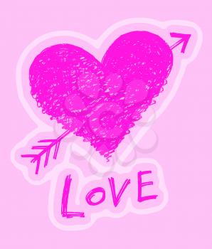Abstract heart pierced by an arrow with word Love on pink background