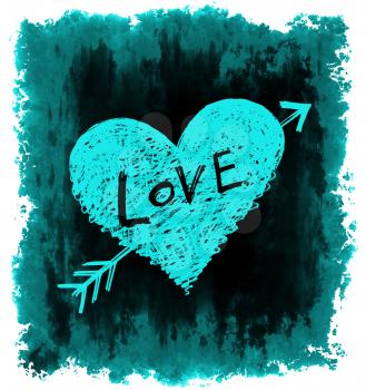 Drawing of a heart pierced by an arrow with word Love on grunge background, symbolizes unhappy love