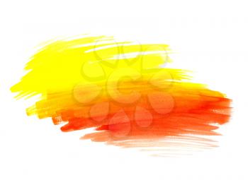 Bright yellow and red paint shape on white background, hand draw