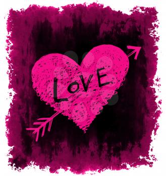 Drawing of a heart pierced by an arrow with word Love on grunge background, symbolizes unhappy love
