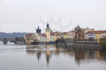 View on beautiful Prague from the Vltava river in cloudy autumn day,  Old Town, Czech Republic