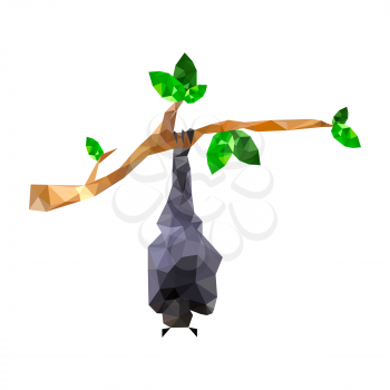 Illustration of origami bat hanging on branch