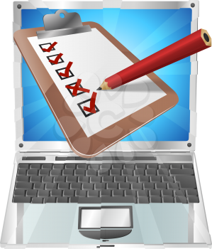 Royalty Free Clipart Image of a Clipboard by a Laptop