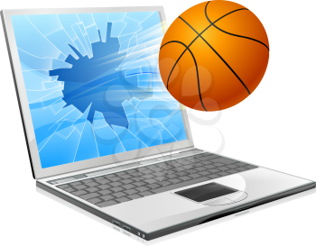 Illustration of a basketball ball flying out of a broken laptop computer screen