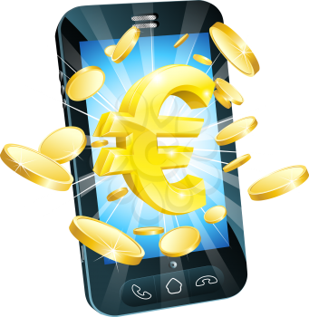 Euro money phone concept illustration of mobile cell phone with gold Euro sign and coins