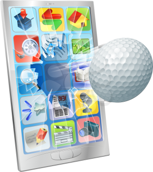 Illustration of a golf ball flying out of cell phone screen
