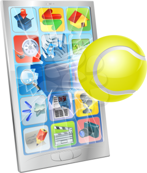 Illustration of a tennis ball flying out of a broken cell phone screen